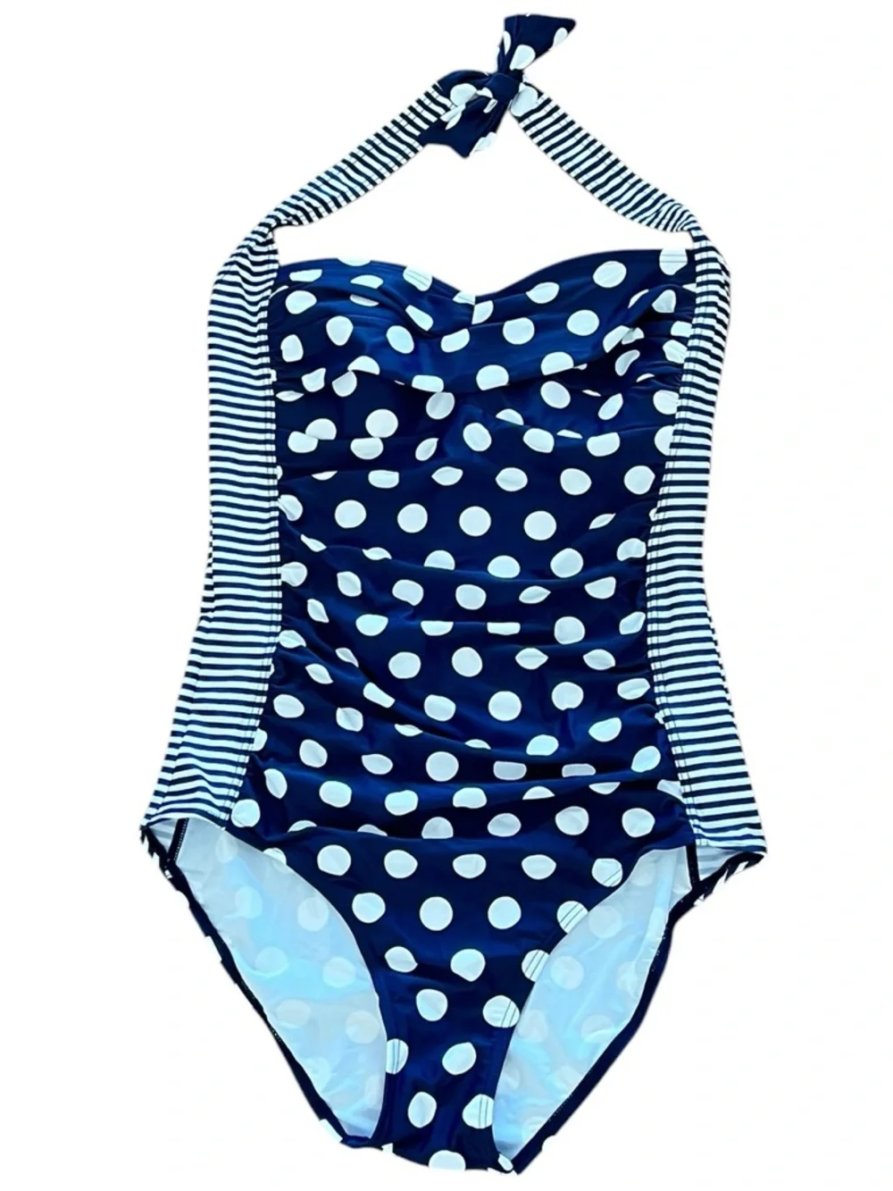 New Navy Blue & White Polka Dot Striped Shirred Ruched Retro One Piece Swimsuit